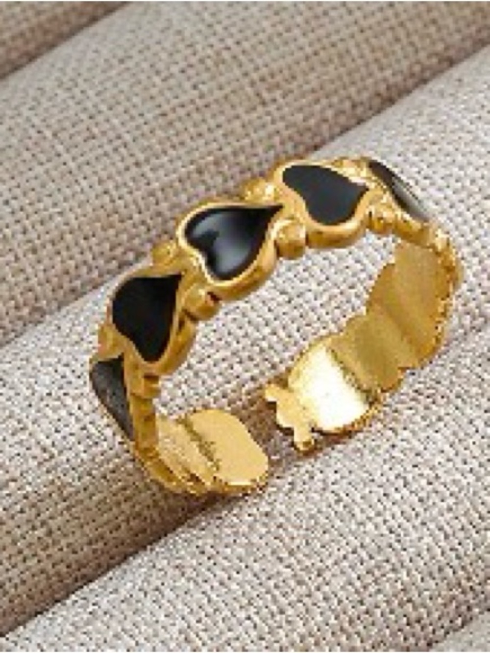 18k Gold plated Band Ring with Black Heart Inlays - Women's Jewelry